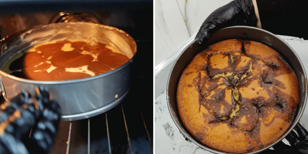 Spoonfuls of chocolate filling added over cake batter in a round pan before