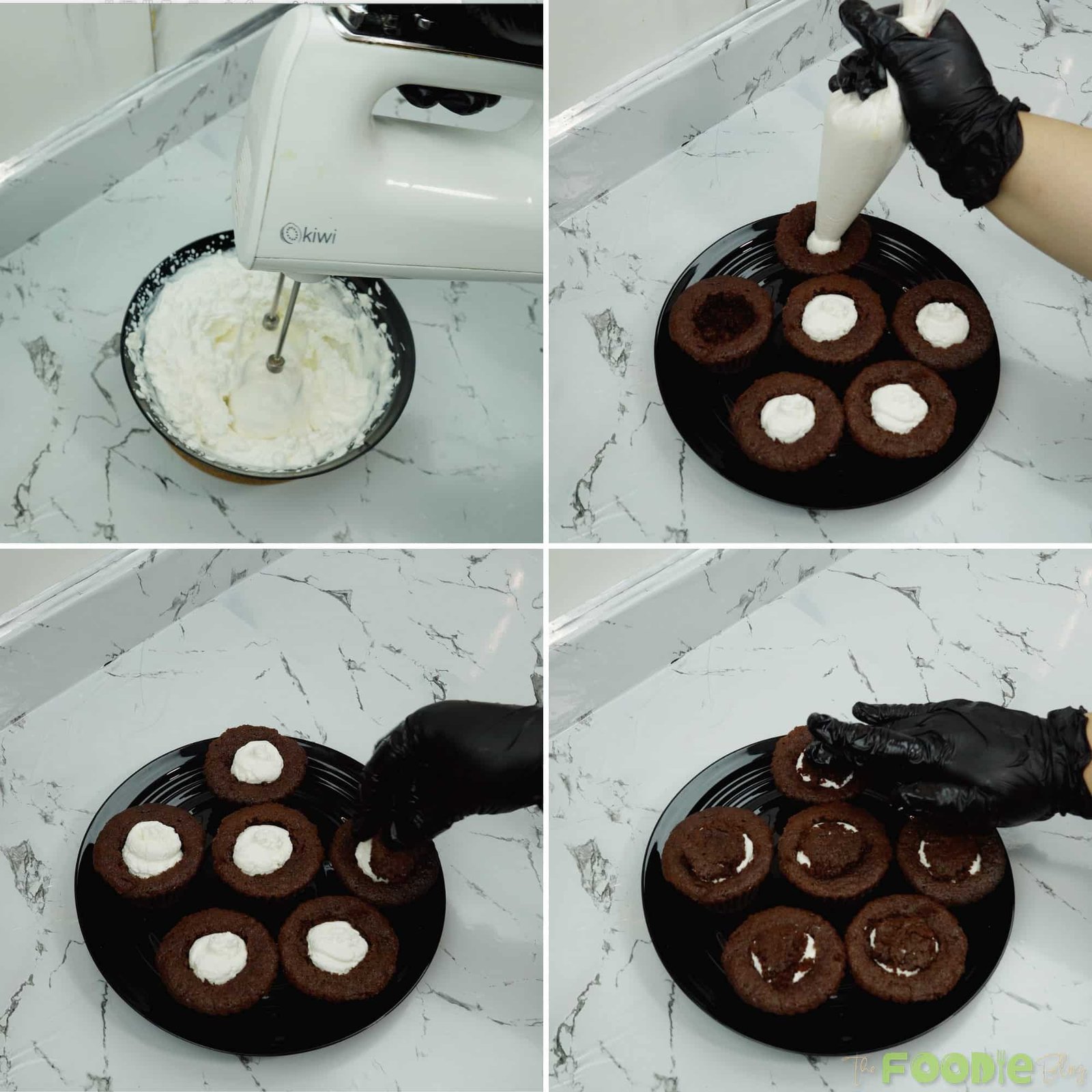 Whipped cream being mixed and piped into cored chocolate cupcakes