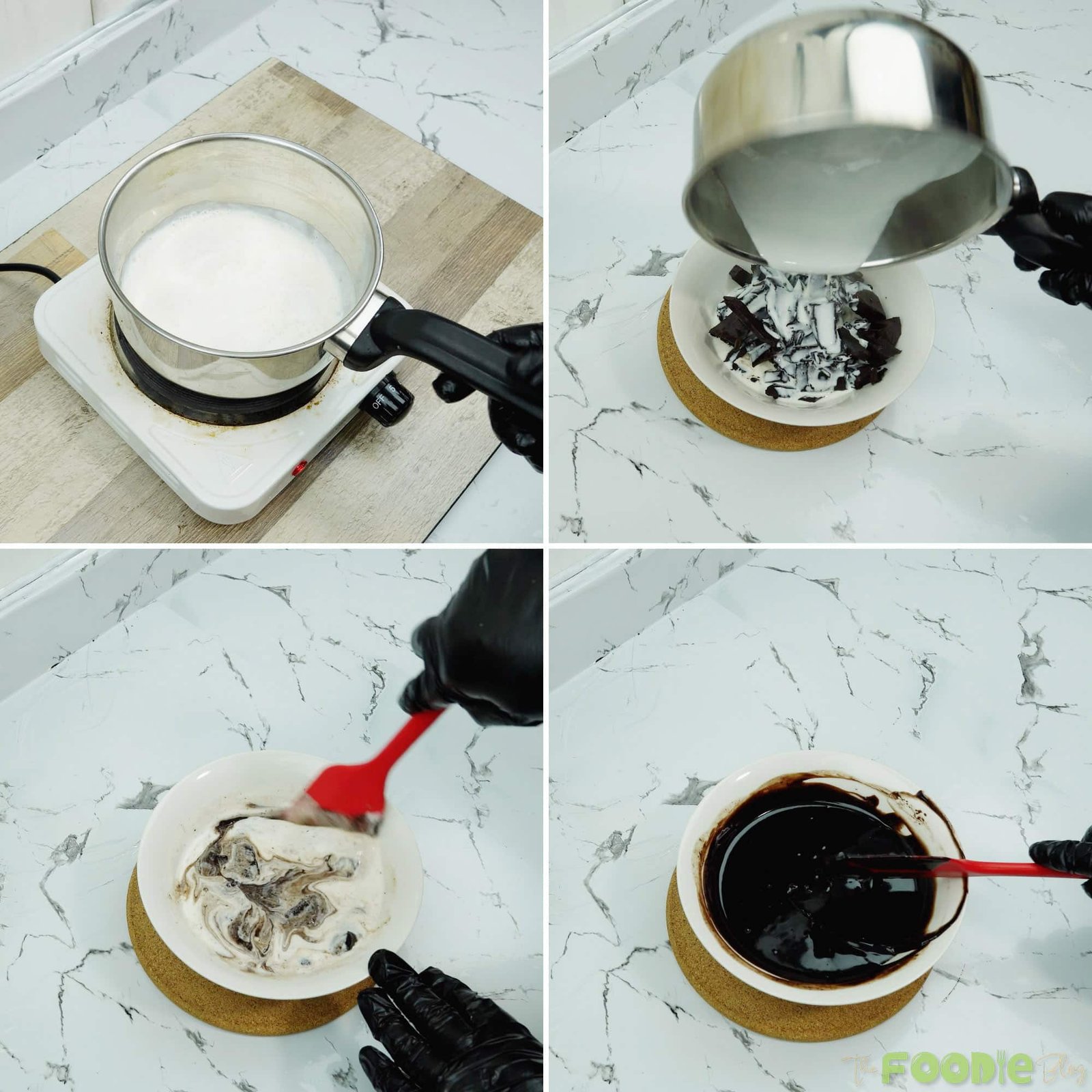 Hot cream poured over chopped chocolate, then stirred into smooth ganache