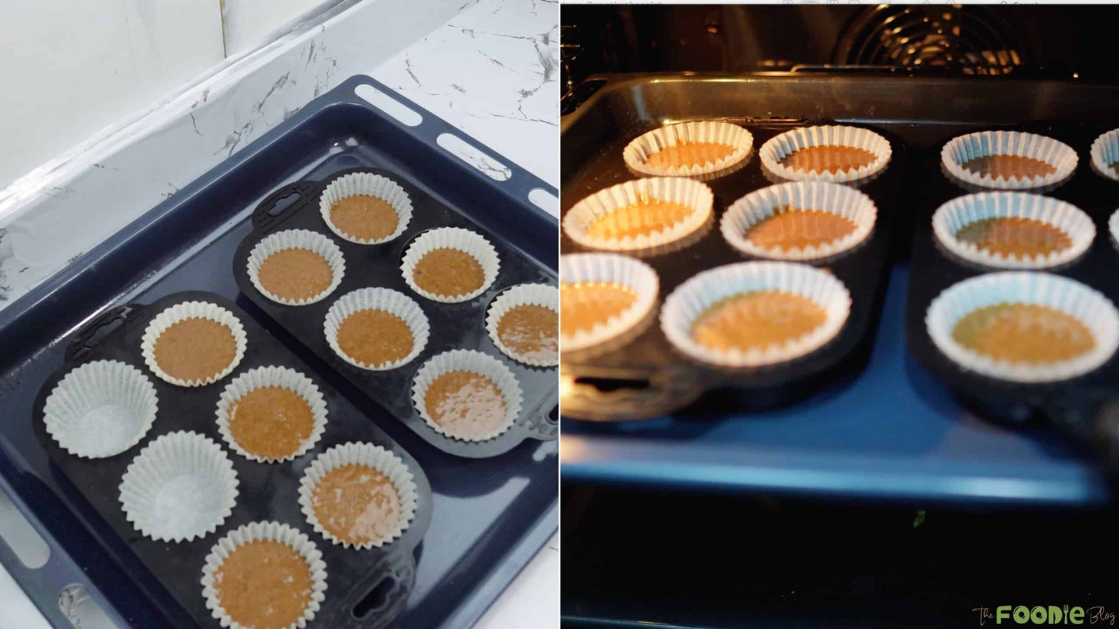 Cupcake liners filled with chocolate batter in a muffin pan and baking in the oven