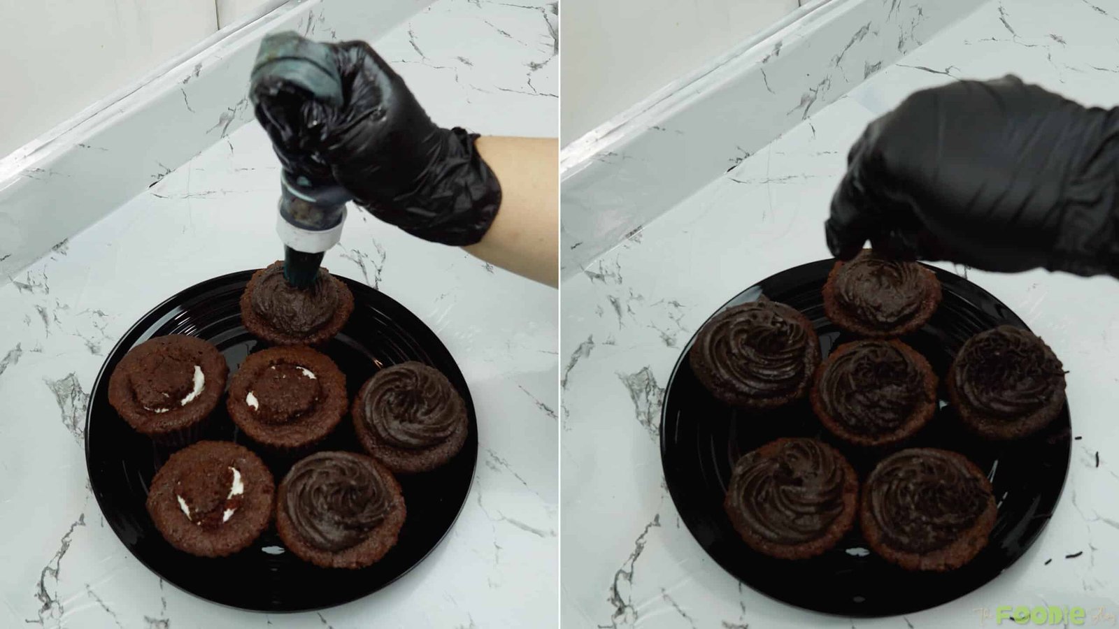 Chocolate ganache being piped onto filled cupcakes on a black plate