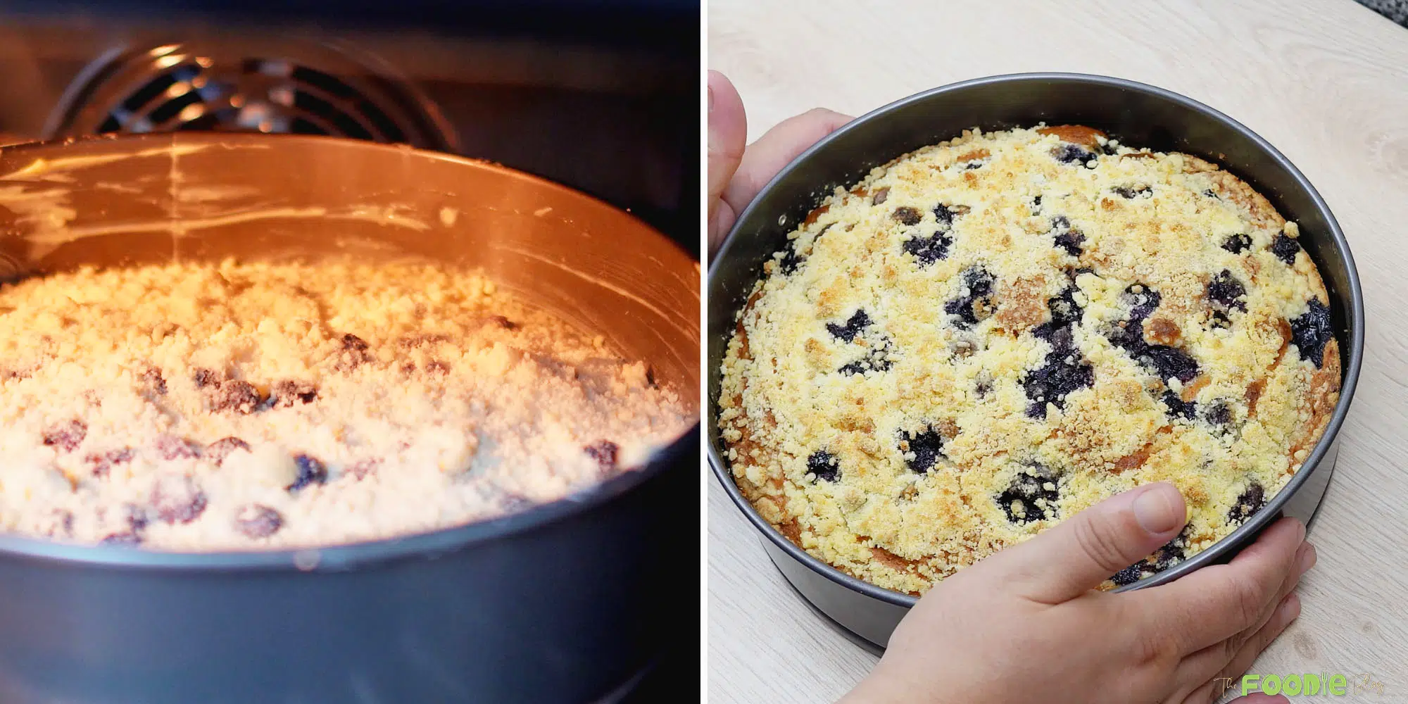 Blueberries cake baked in a round pan with crumb topping and blueberries on top