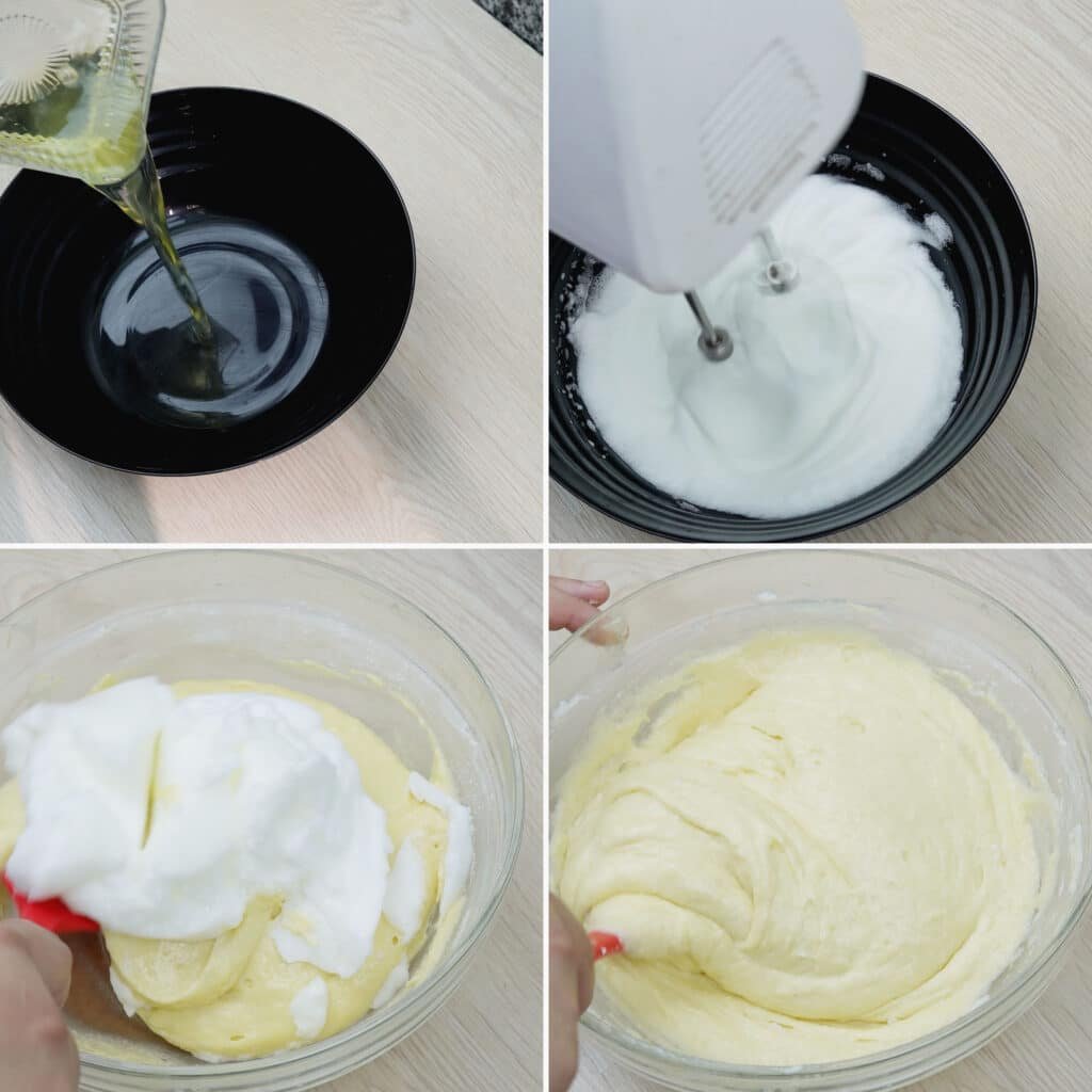 Mixing streusel crumbs, whipping egg whites, and mixing cake batter for blueberry cake