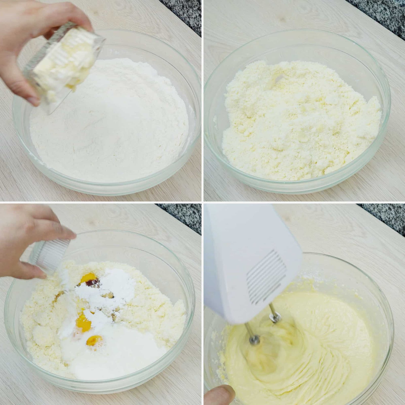 Greased cake pan and vanilla cake batter being poured into the pan