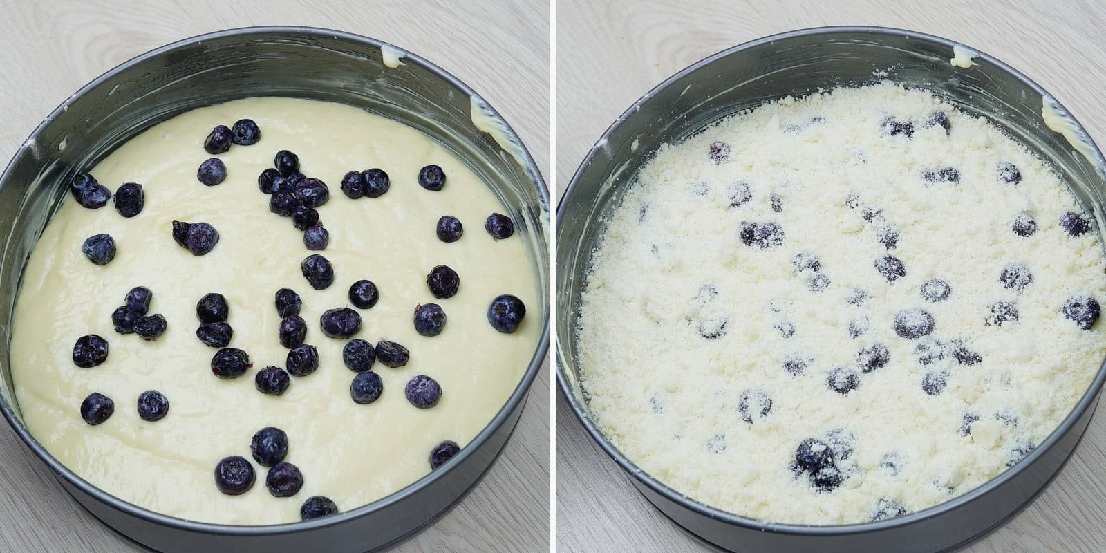 Blueberries scattered over cake batter and covered with crumb streusel topping