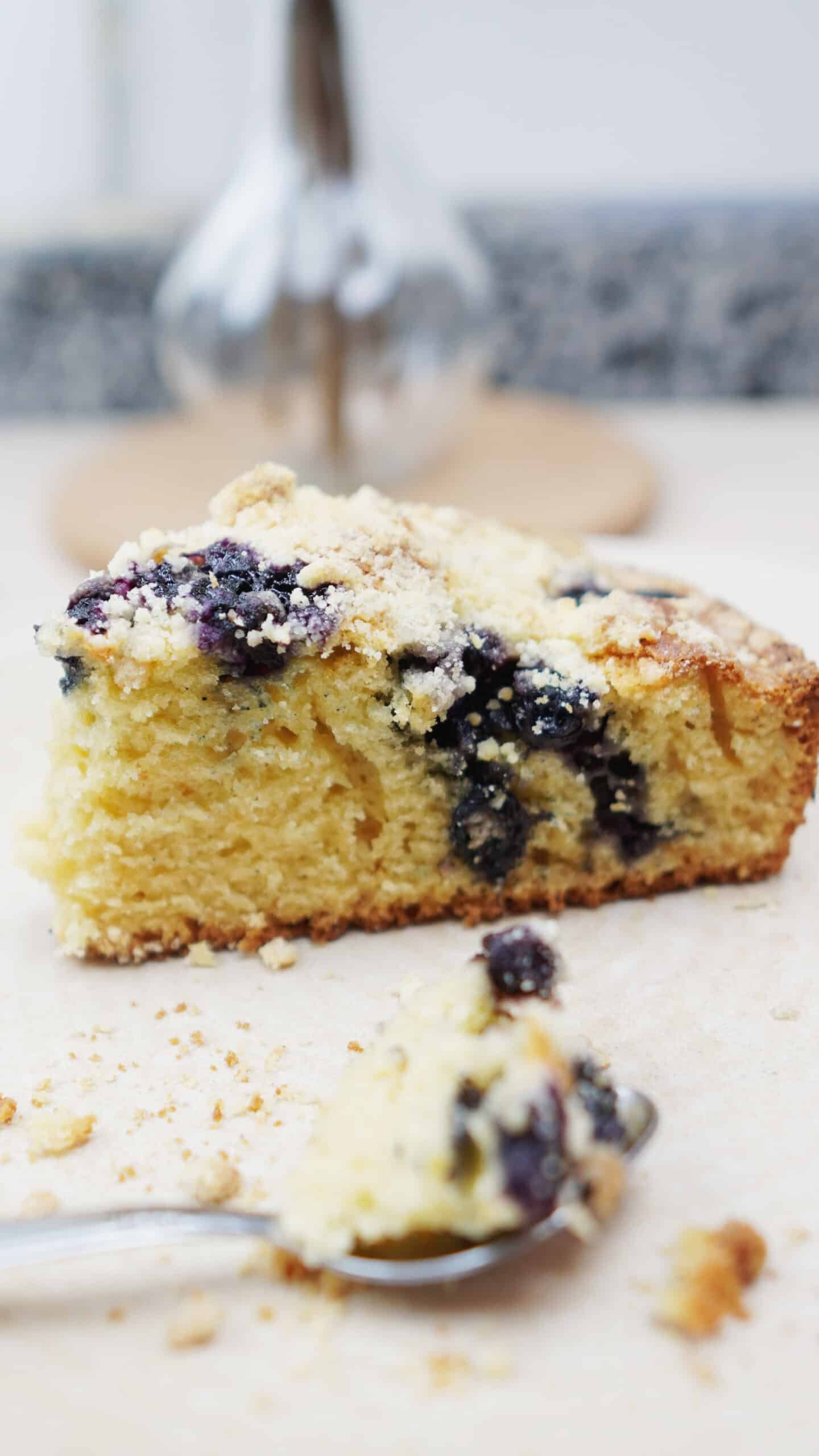Easy blueberry cake slice with crumb topping and blueberries