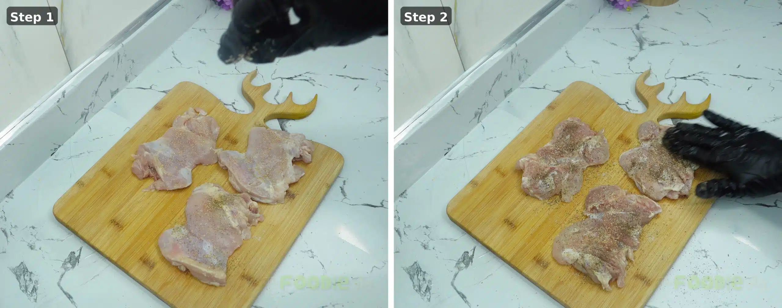 Raw chicken thighs on a cutting board being seasoned with salt, pepper, and garlic powder