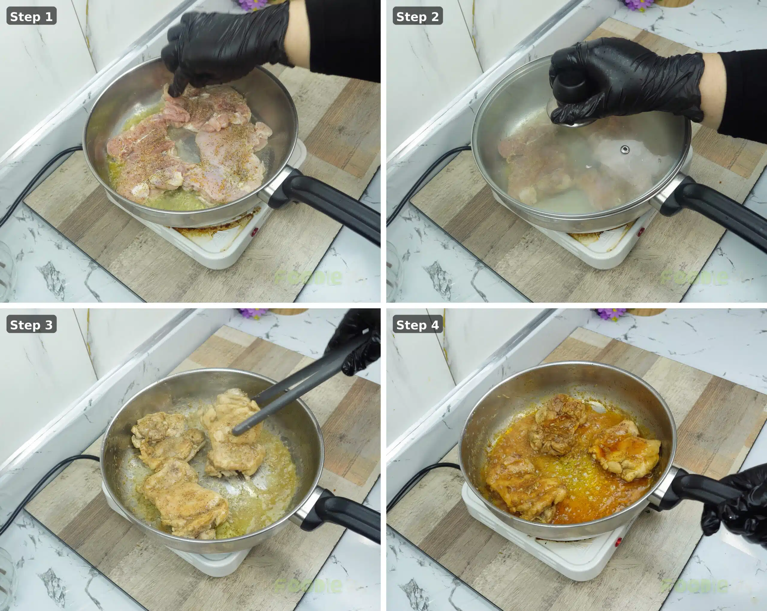 Chicken thighs searing in a skillet, then covered to cook, flipped, and simmered in a buttery garlic sauce