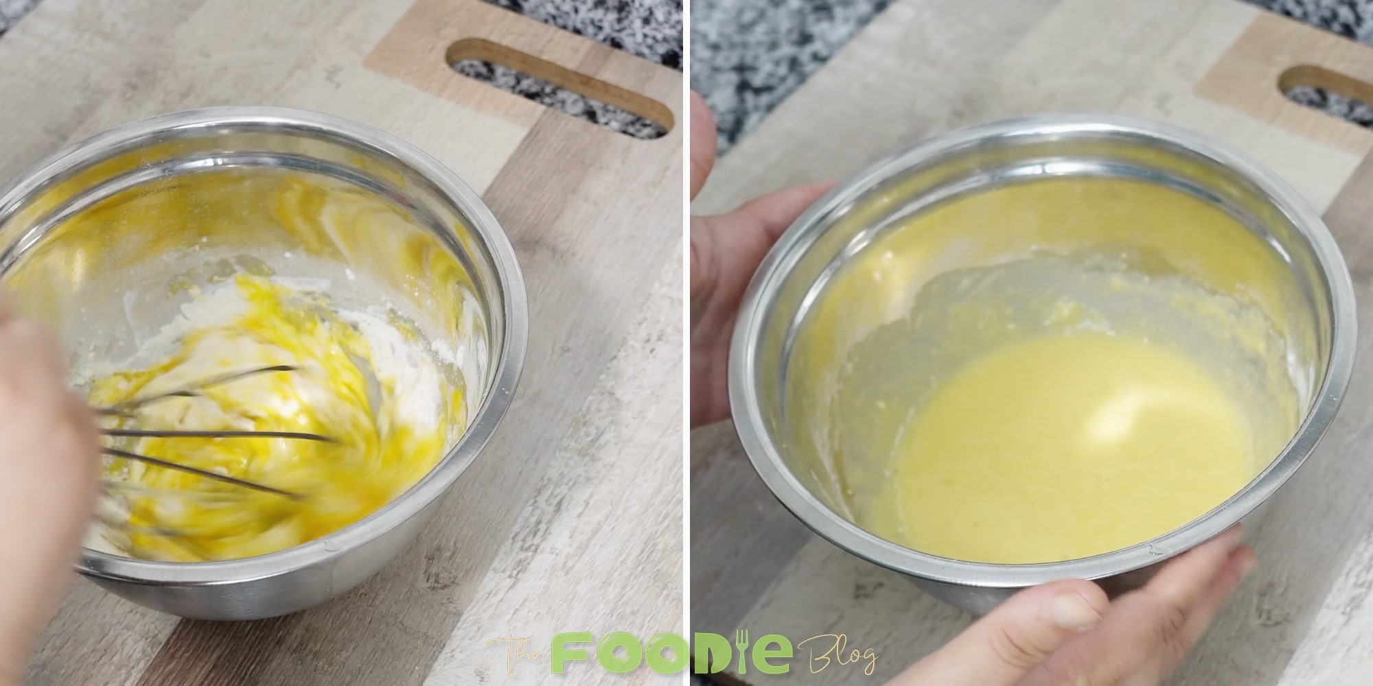 egg batter being whisked in a metal bowl until smooth