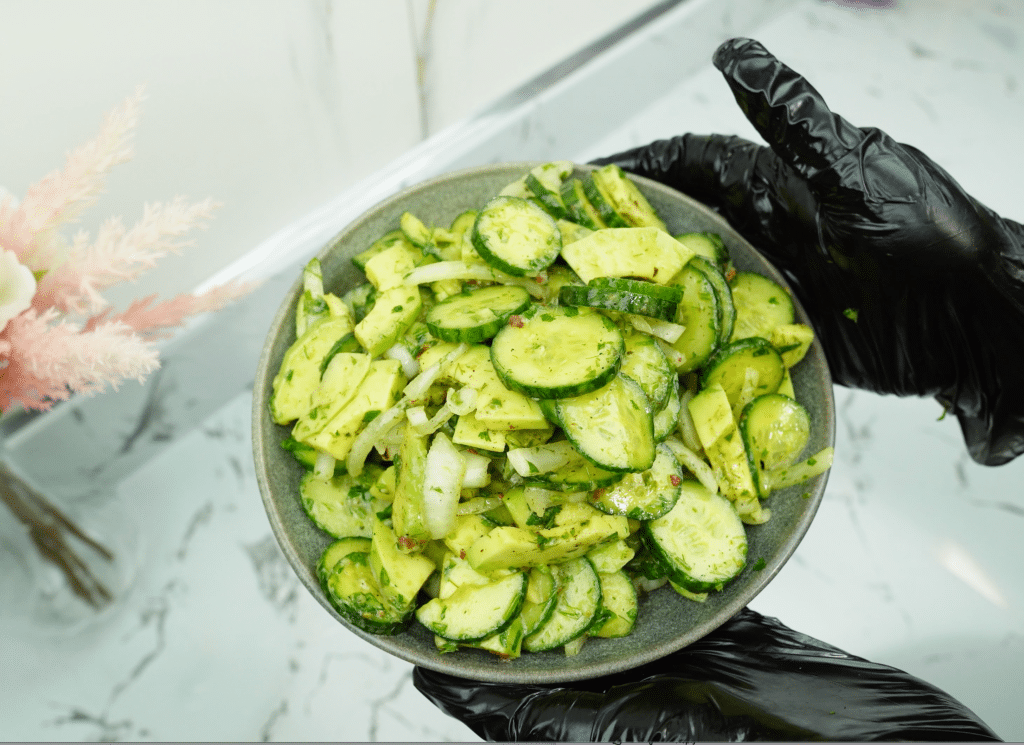 avocado cucumber salad with fresh herbs and olive oil