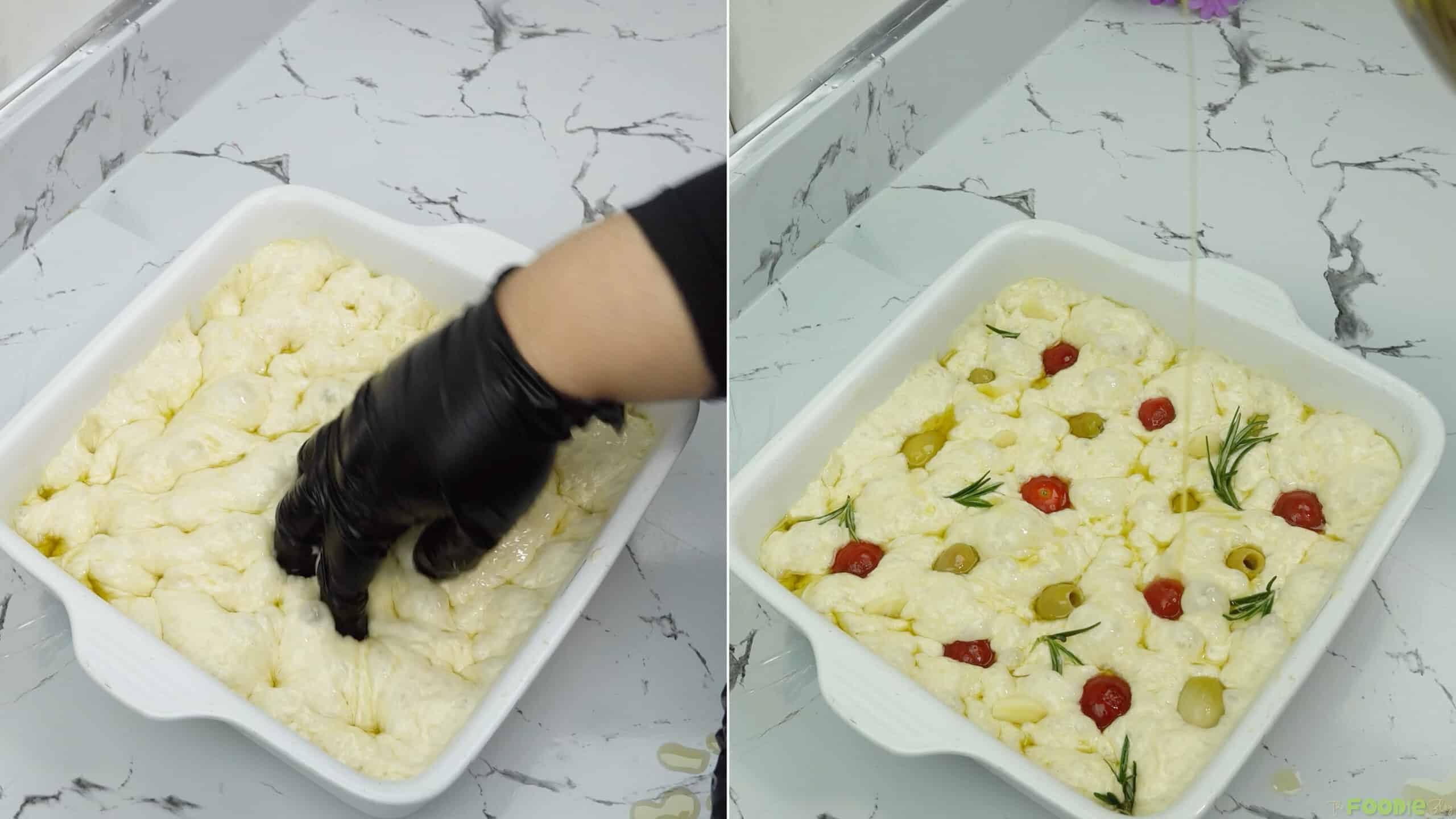 Green olives, cherry tomatoes, garlic, and rosemary pressed into dimpled dough with olive oil drizzled on top