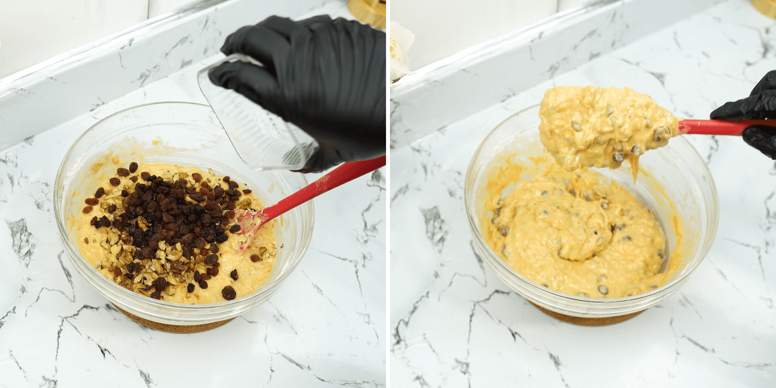adding raisins and chopped walnuts into carrot cake batter