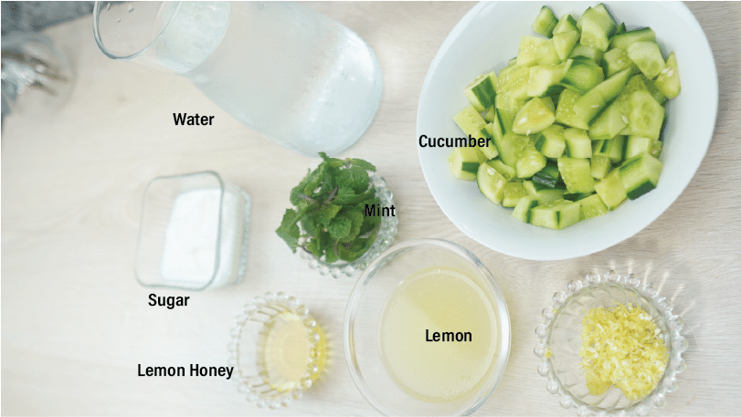 Overhead view of water, chopped cucumber, lemon juice, mint, lemon zest, and honey arranged on a counter