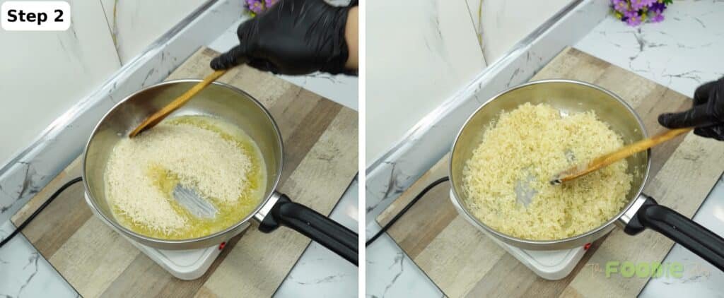 White rice stirred into garlic butter to coat and lightly toast