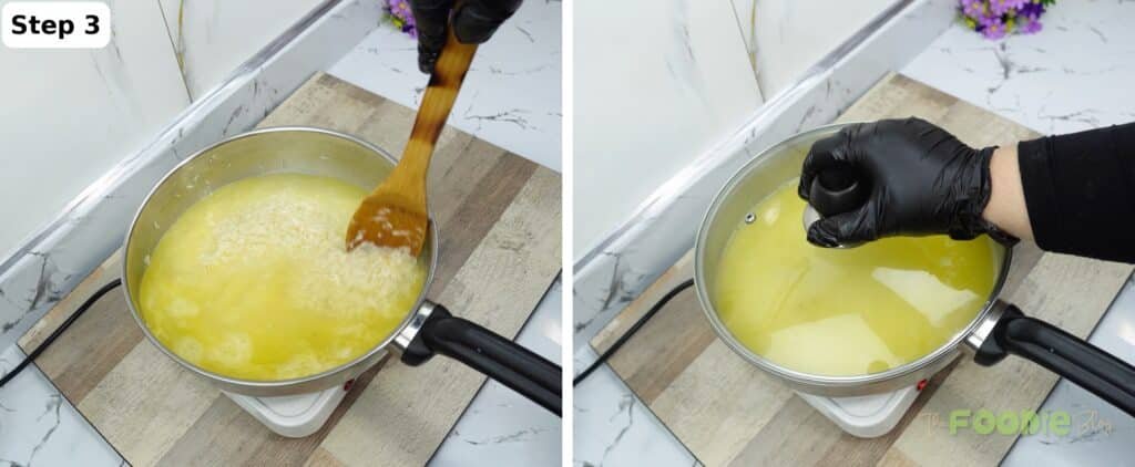 Rice cooking in broth in a pot, then covered to simmer on low heat