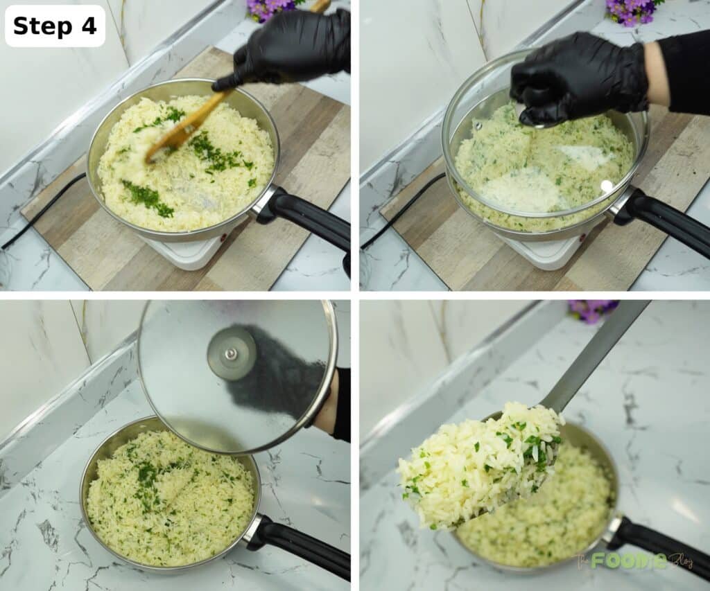 Cooked garlic butter rice in the pot with herbs, then fluffed and ready to serve