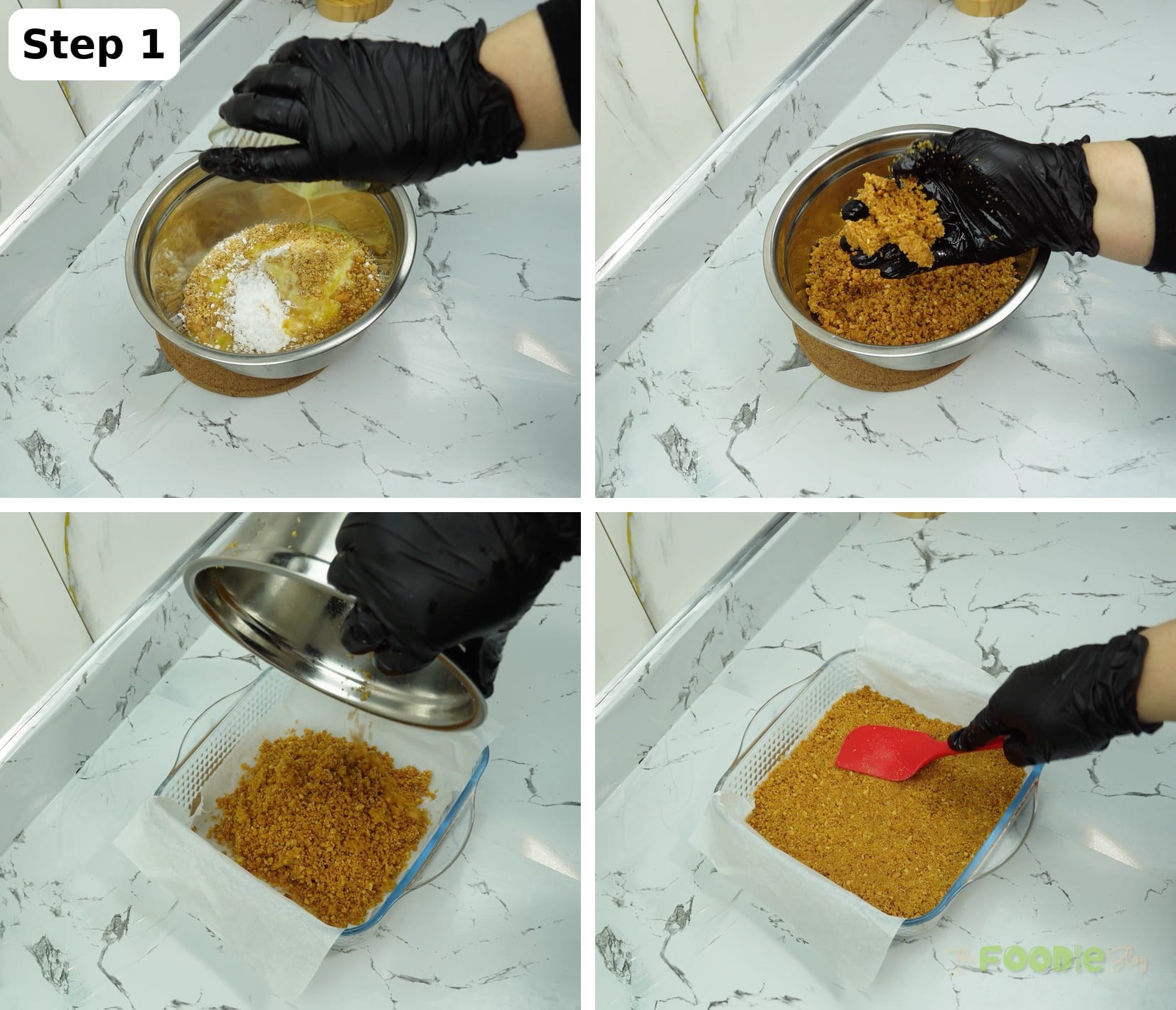 Mixing cookie crumbs with melted butter, then pressing the crust into a parchment-lined pan