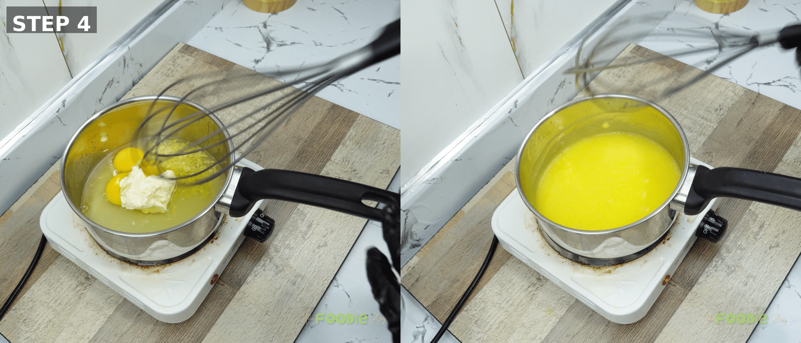 Cooking a lemon mixture in a saucepan on the stovetop until smooth and thickened