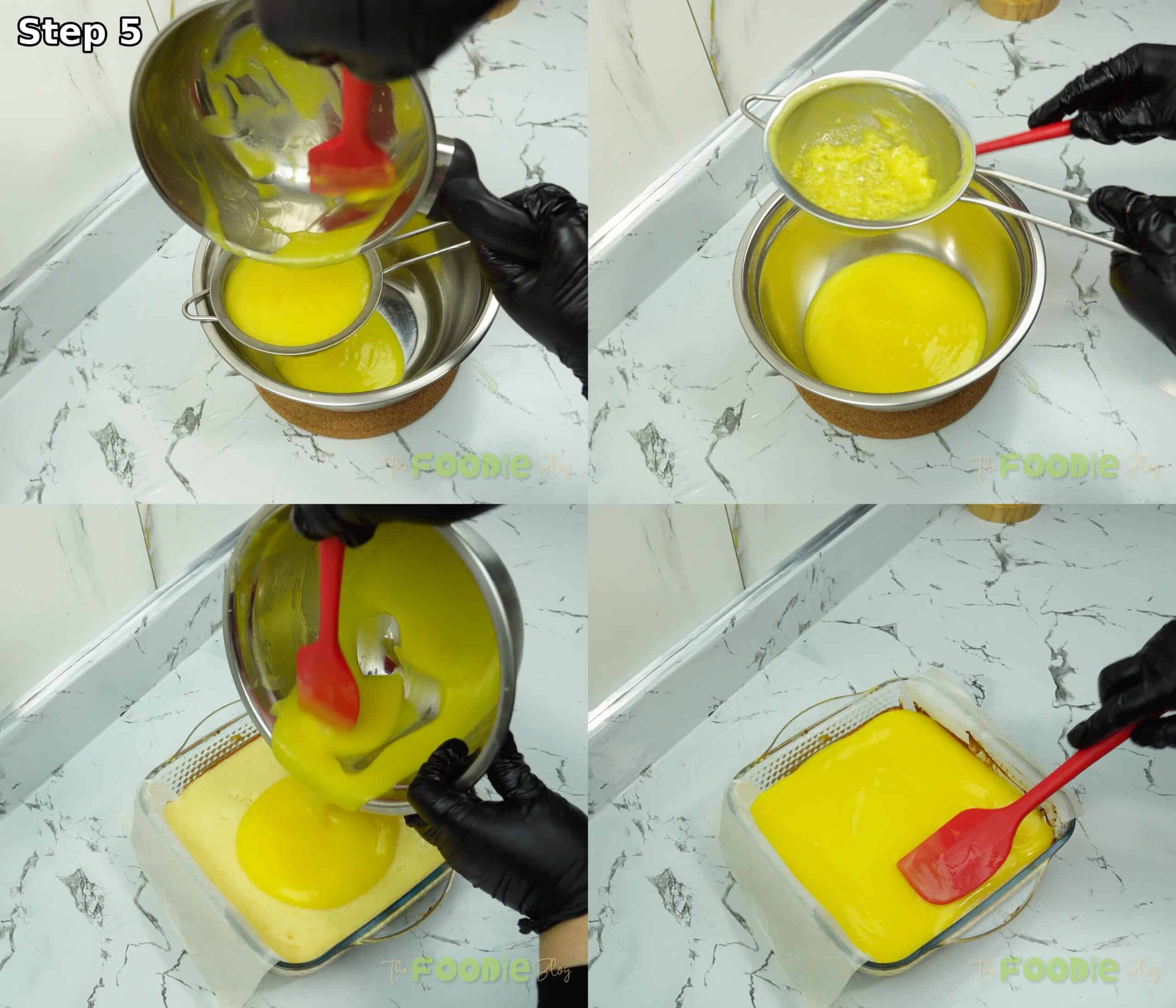Straining lemon topping through a fine mesh sieve, then pouring it over the baked cheesecake layer