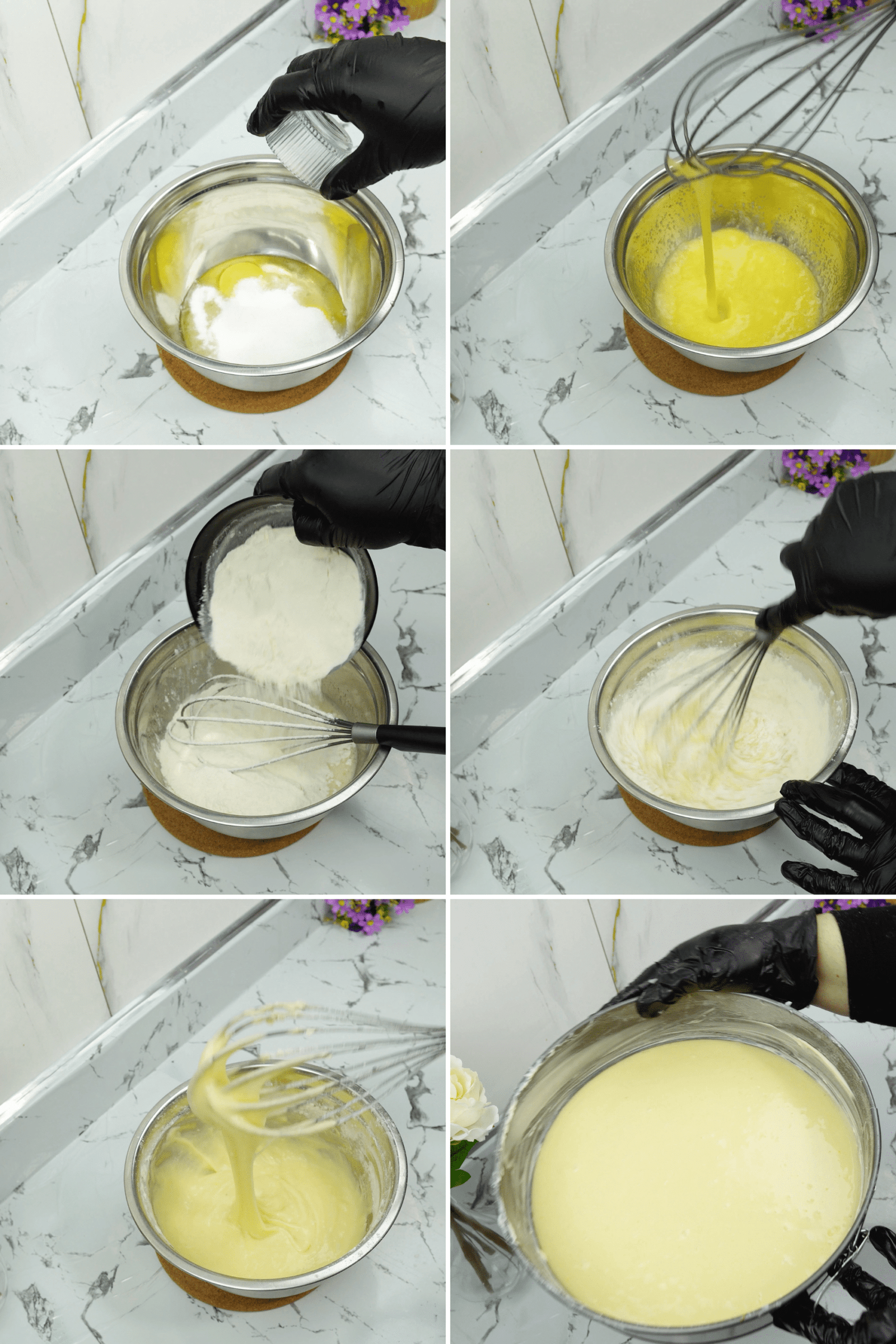 Whisking eggs and sugar with oil to start the cake batter.