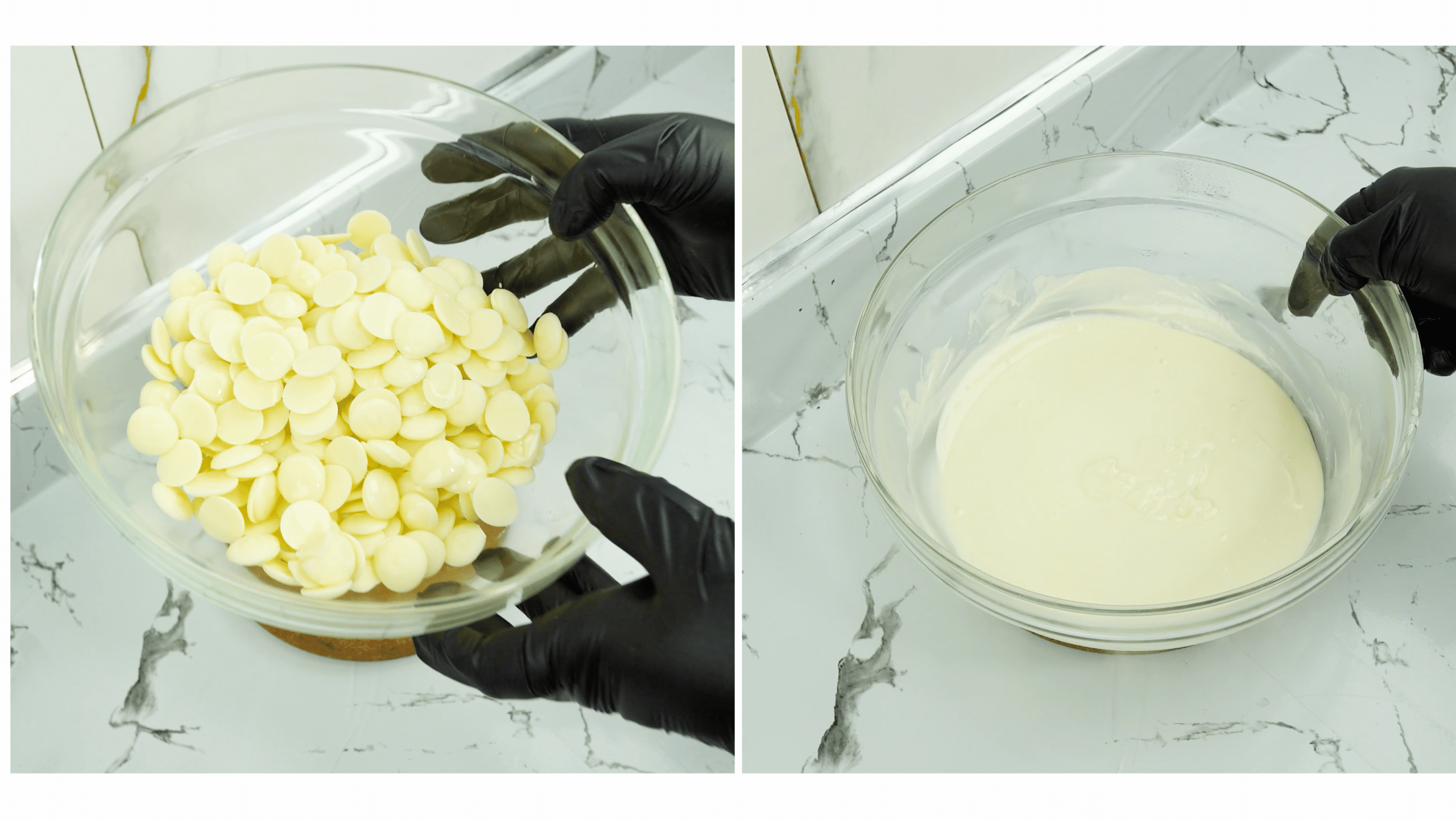white chocolate melts in a bowl before and after melting