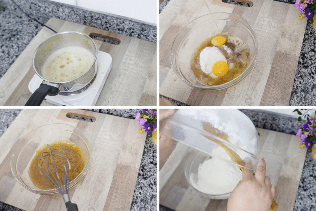 Eggs and brown sugar mixed for chocolate chip cookies