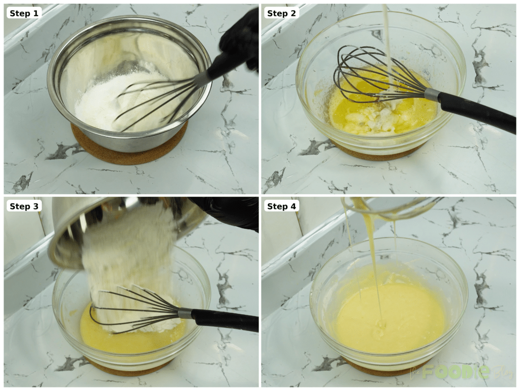 Collage of mixing dry ingredients, whisking wet ingredients, and combining into muffin batter