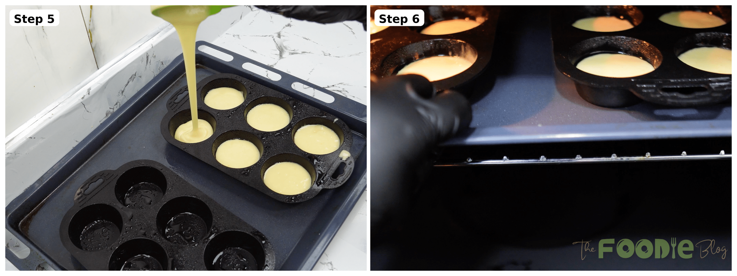 Batter being poured into a mini muffin pan and the pan going into the oven