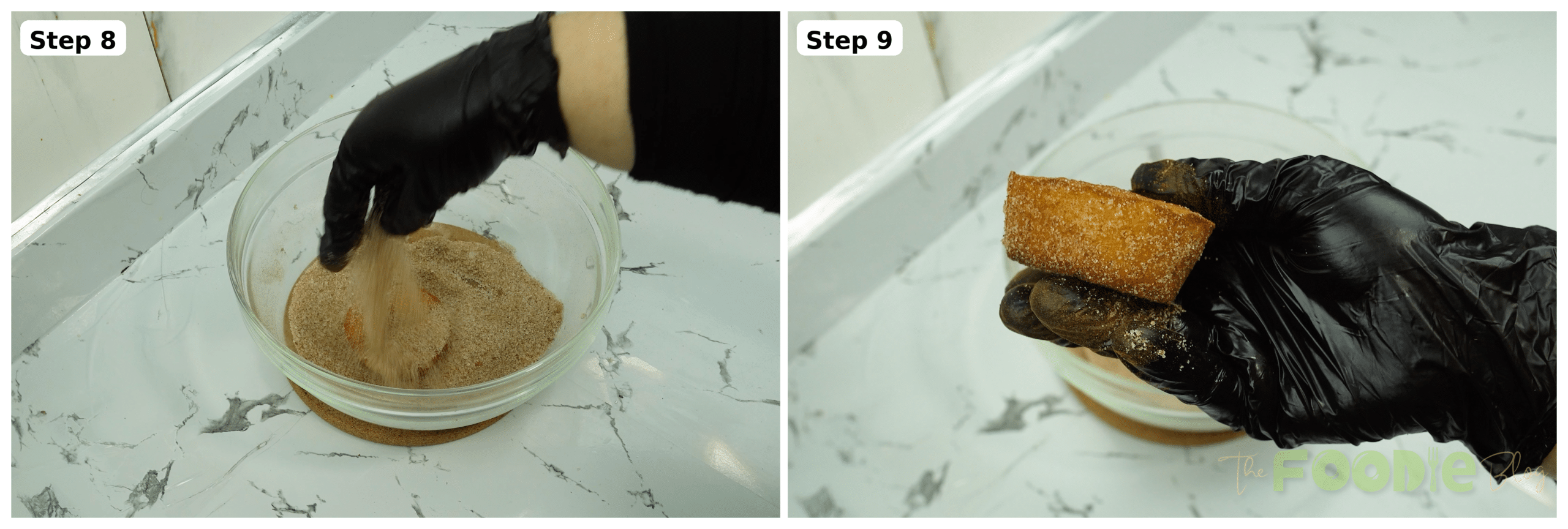 Mixing cinnamon sugar and coating a warm mini muffin in the mixture