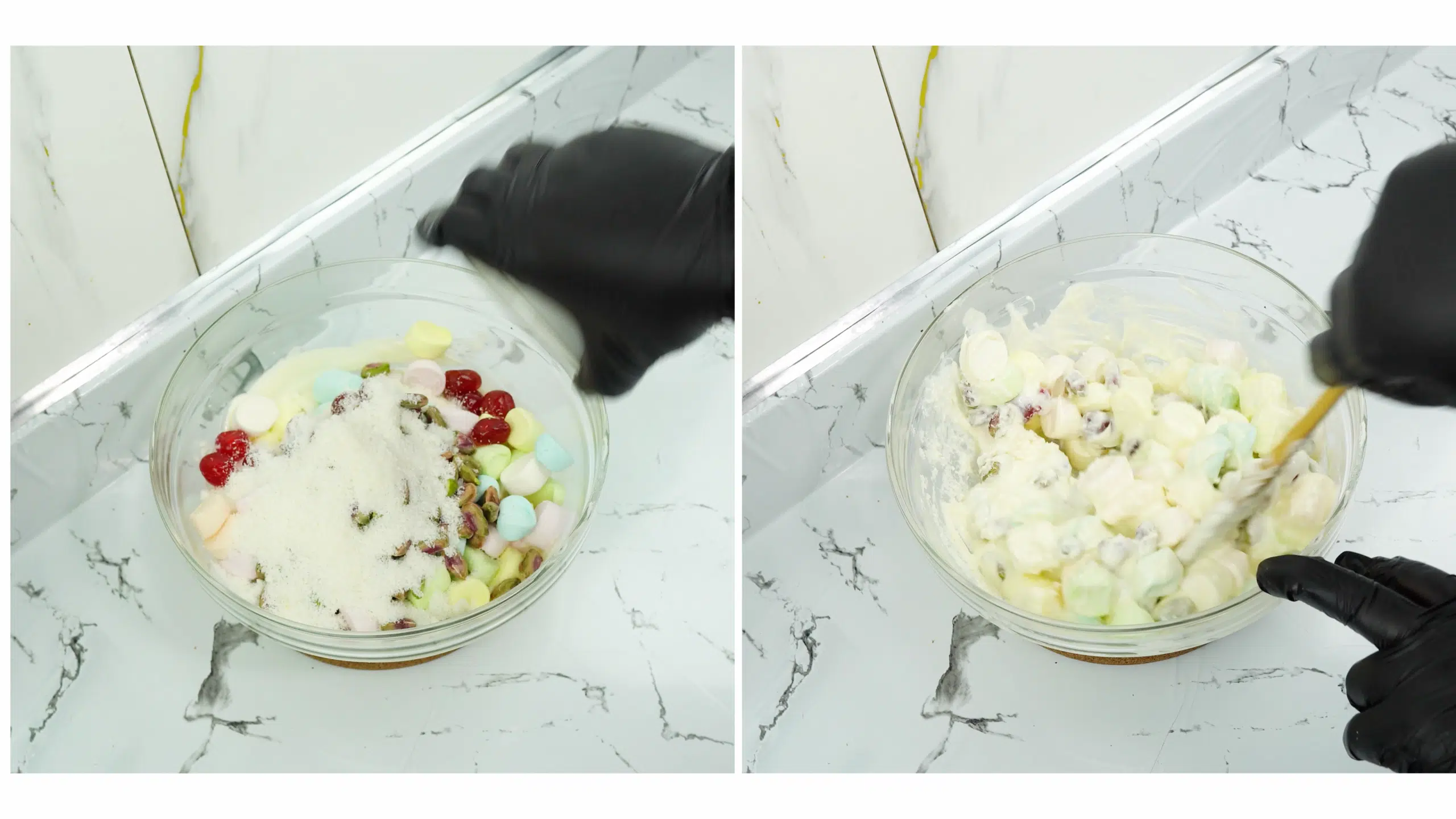 marshmallows cherries pistachios and coconut mixed into melted white chocolate