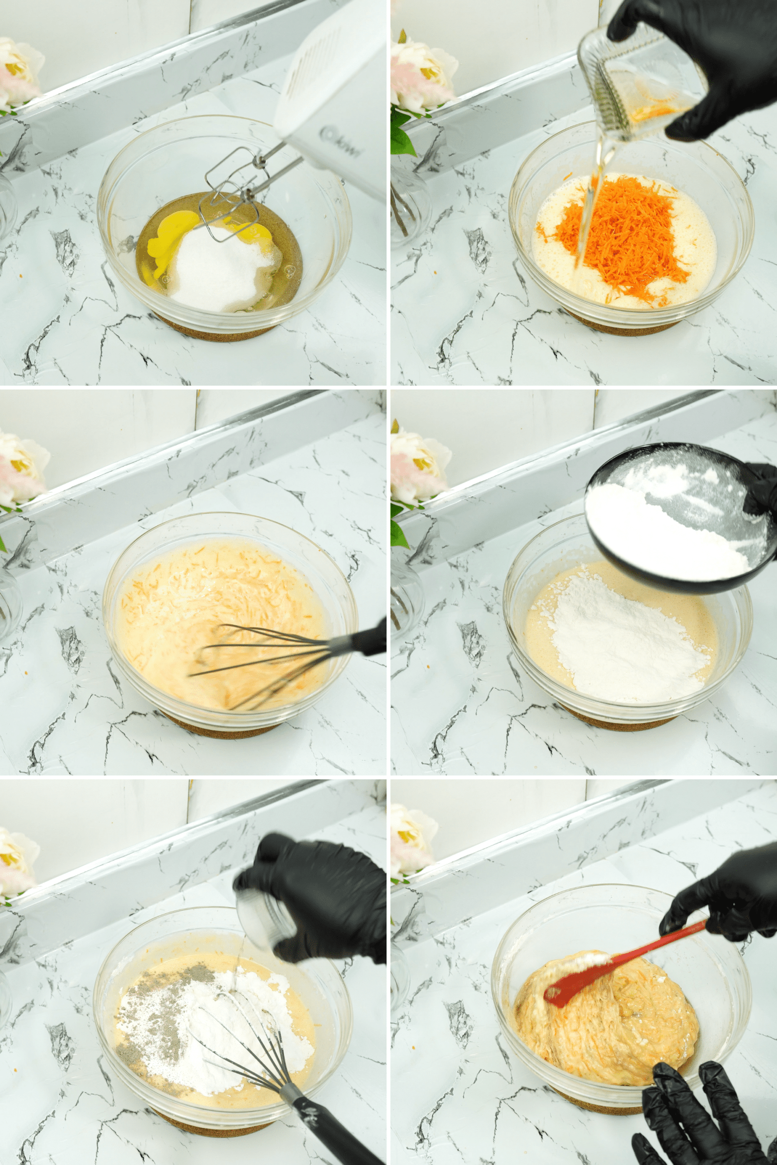 mixing eggs sugar oil carrots and dry ingredients in a bowl