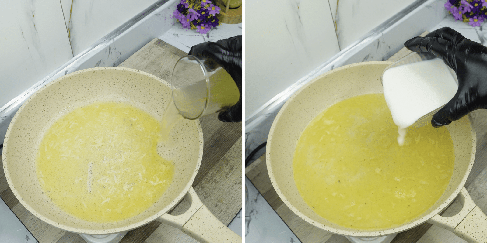 Adding chicken broth and milk to the pan for one-pot garlic parmesan pasta