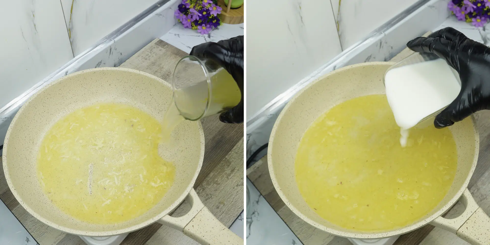 Adding chicken broth and milk to the pan for one-pot garlic parmesan pasta