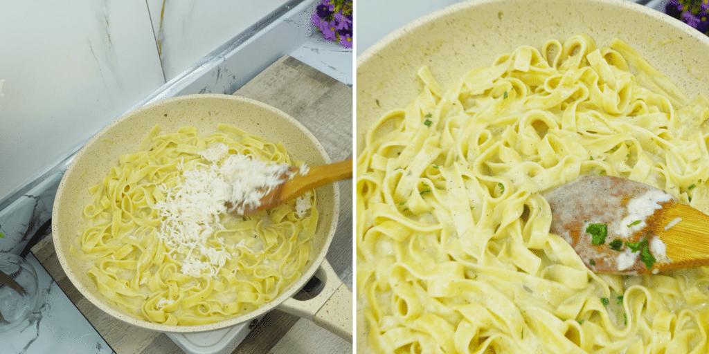 Stirring parmesan into creamy one-pot garlic pasta
