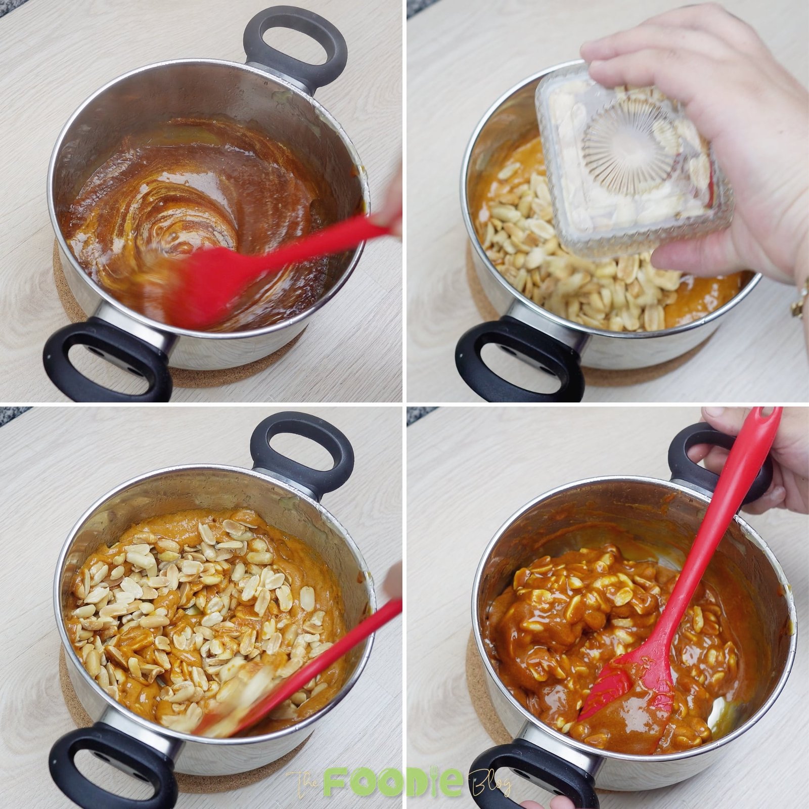 Peanuts being added to hot caramel and stirred in the saucepan