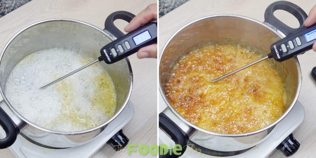 Sugar syrup boiling in a saucepan with a thermometer checking the temperature