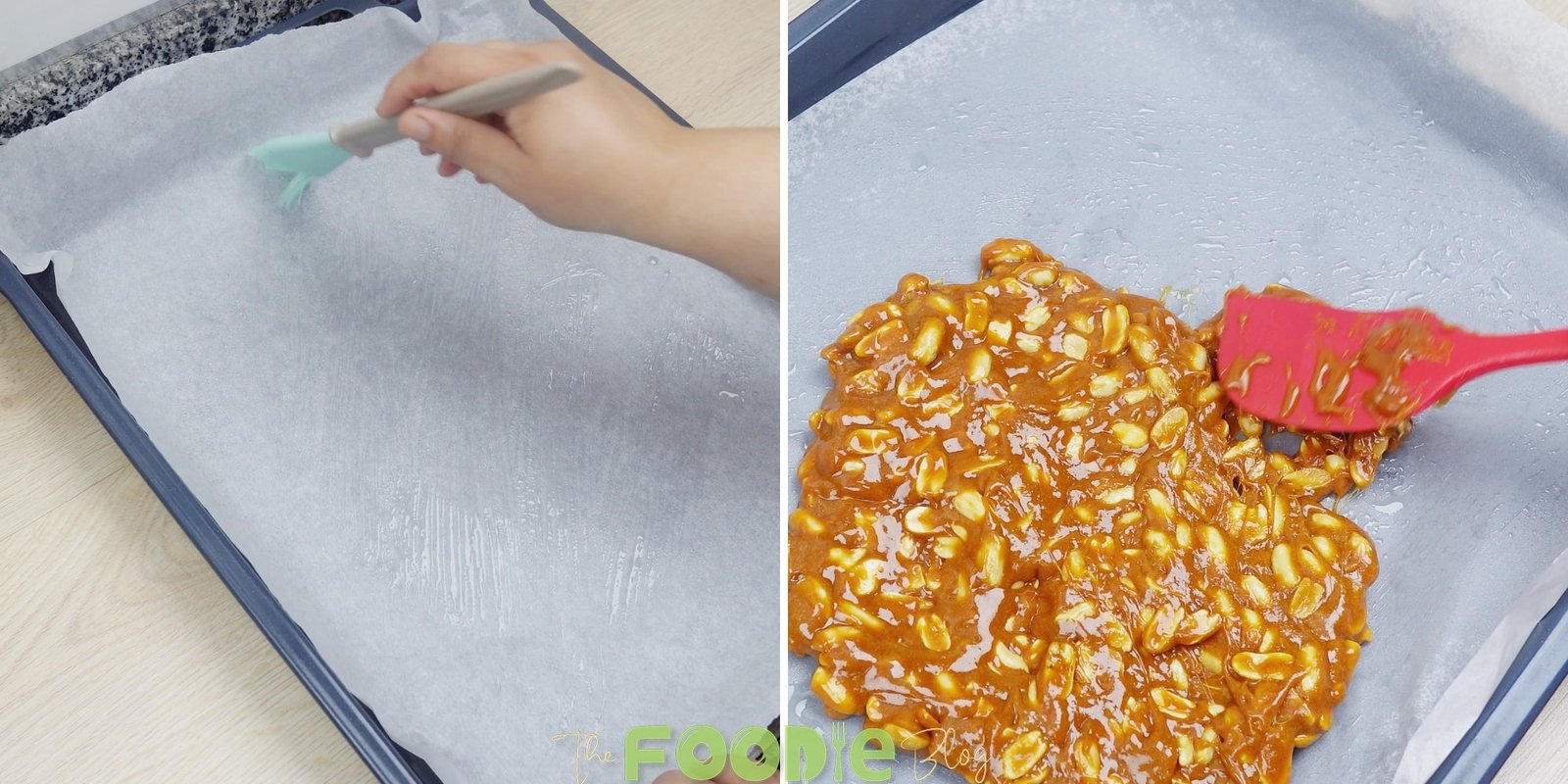 Peanut brittle mixture being spread onto a parchment-lined baking sheet with a spatula