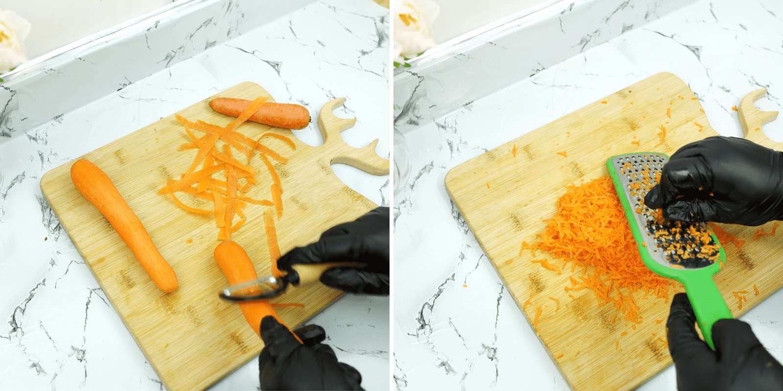 peeling and grating carrots on a cutting board