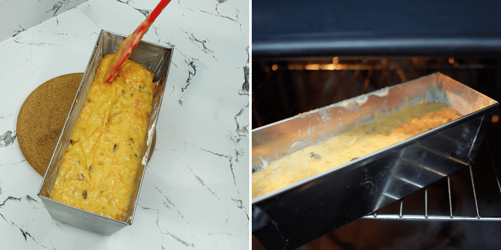 carrot cake batter in a loaf pan going into the oven