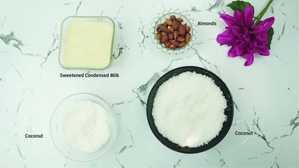 Sweetened condensed milk, shredded coconut, and almonds arranged for the recipe