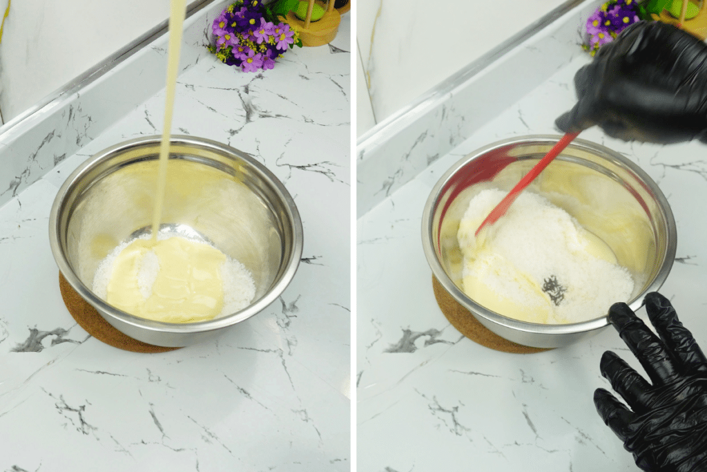 Condensed milk poured into coconut and stirred to combine