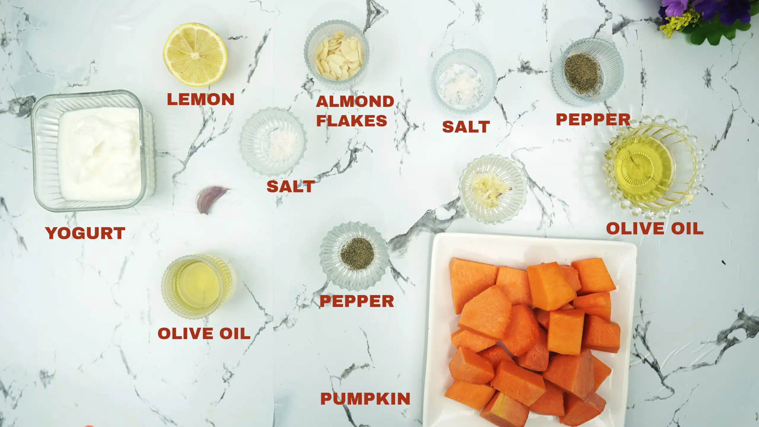 Labeled ingredients on a white counter including pumpkin, yogurt, lemon, olive oil, garlic, salt, pepper, and almond flakes