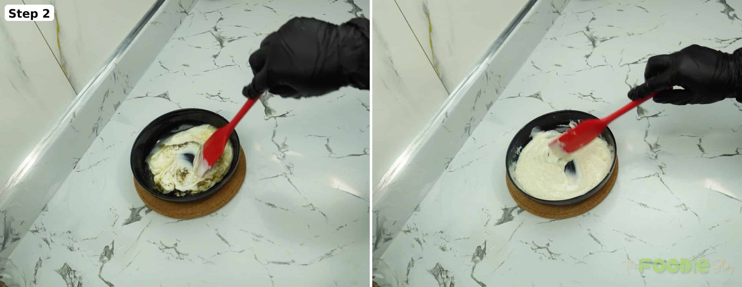 Mixing Greek yogurt sauce in a bowl until smooth and creamy