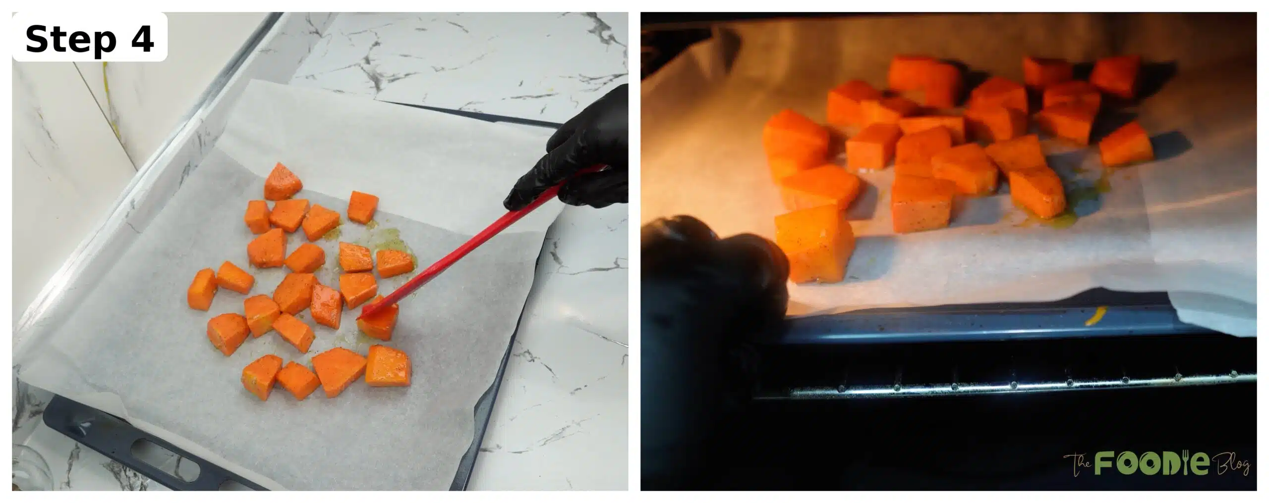 Pumpkin cubes spread on a parchment-lined baking sheet and shown roasting in the oven
