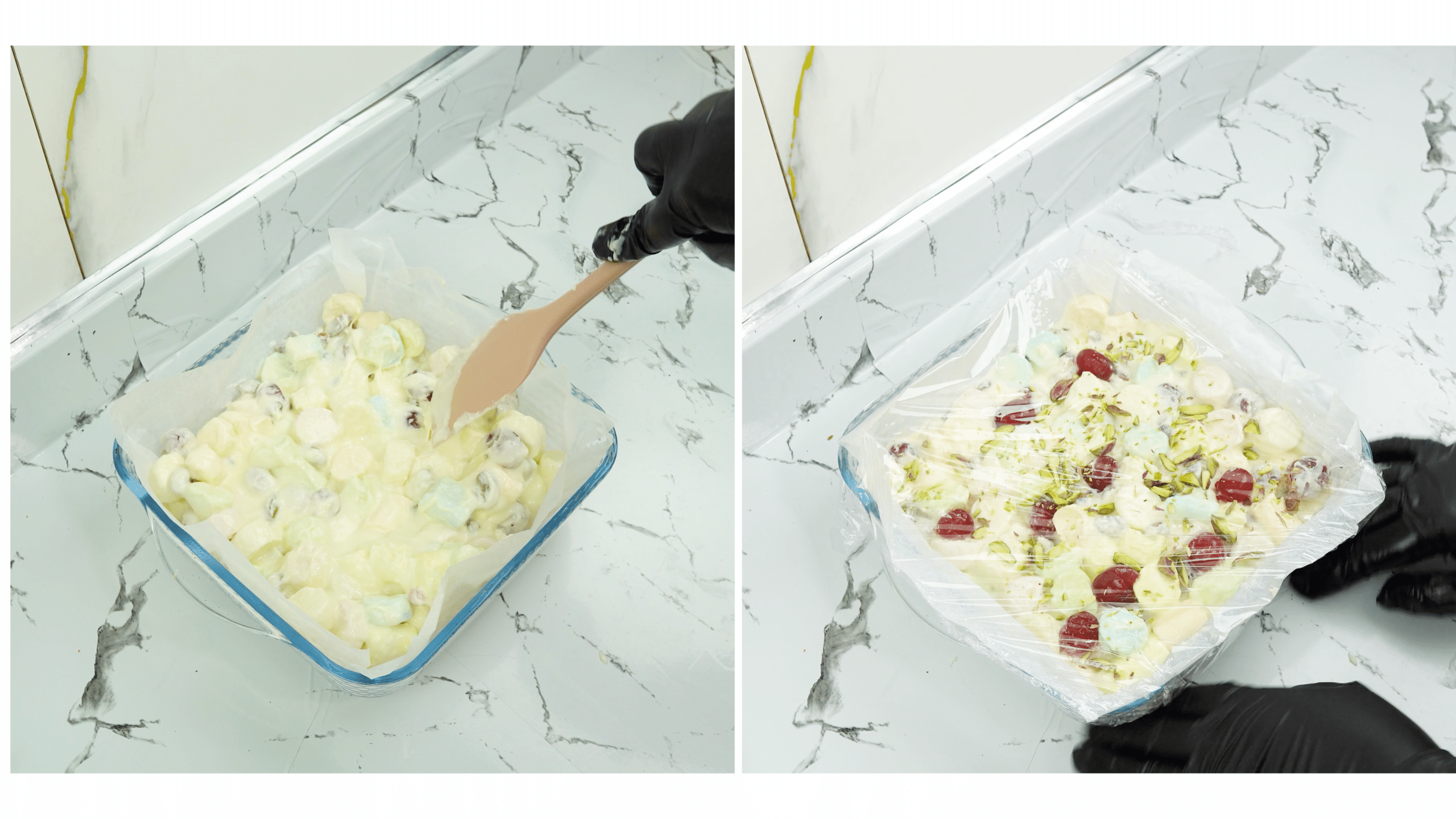 white chocolate rocky road mixture pressed into a lined pan