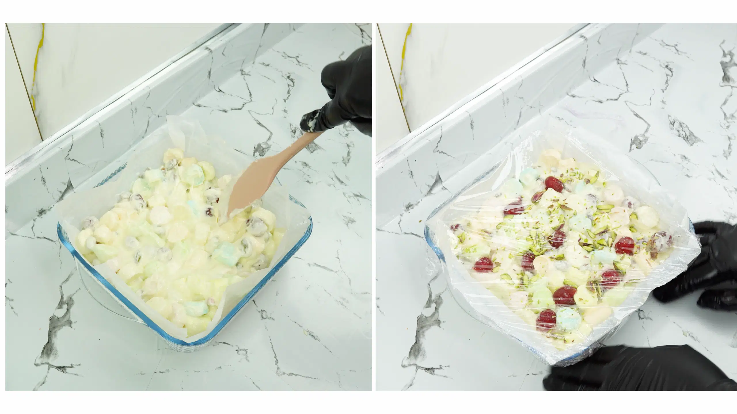 white chocolate rocky road mixture pressed into a lined pan