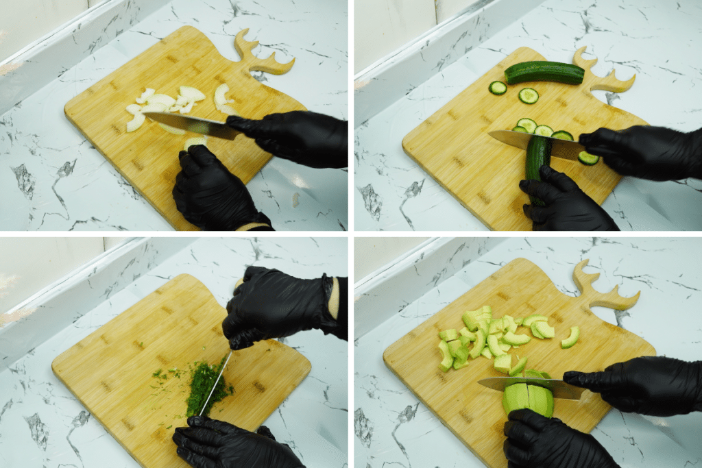 chopping fresh herbs for avocado cucumber salad