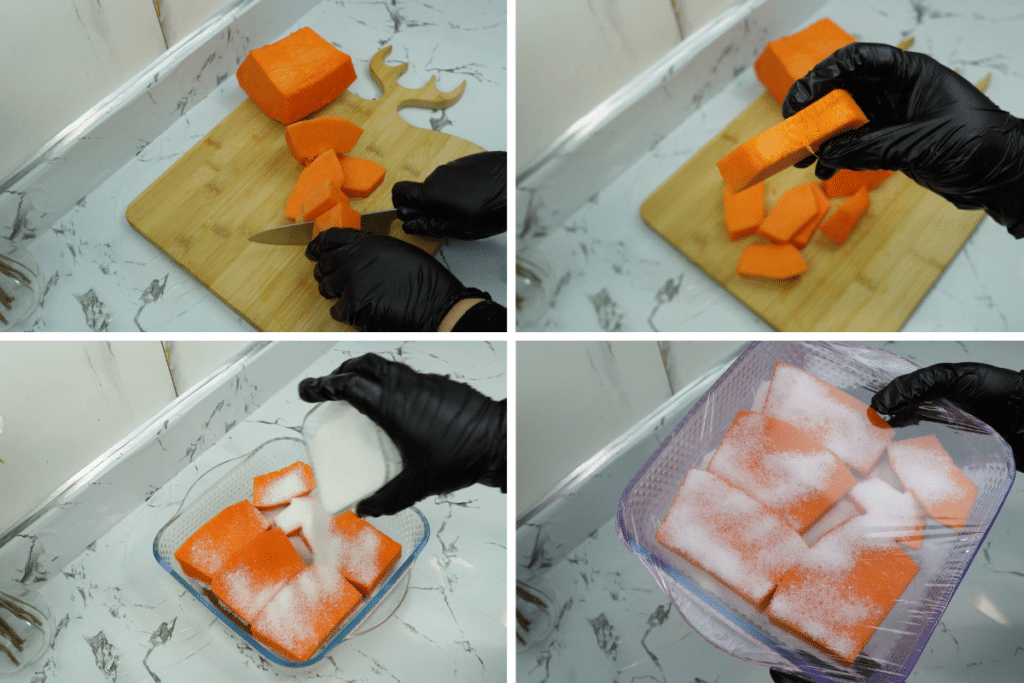 cutting pumpkin into pieces for baked pumpkin dessert