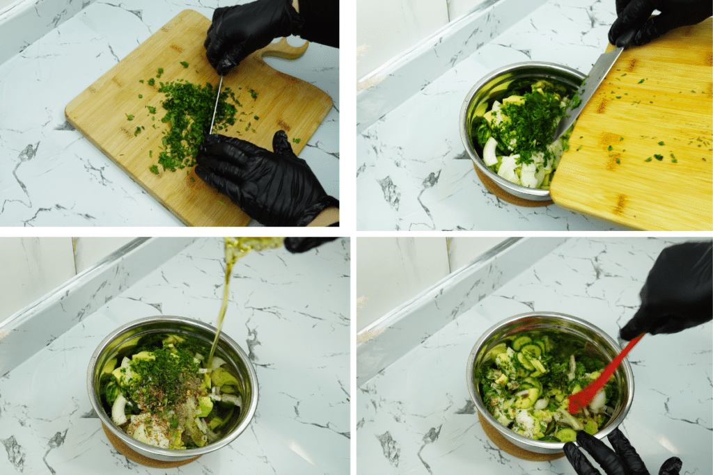 mixing avocado cucumber salad in a bowl