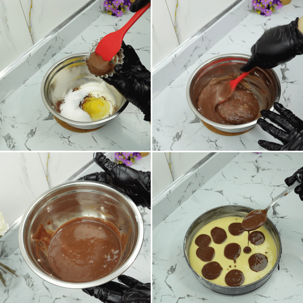 Mixing cocoa, sugar, and egg with Nutella to make the chocolate filling.